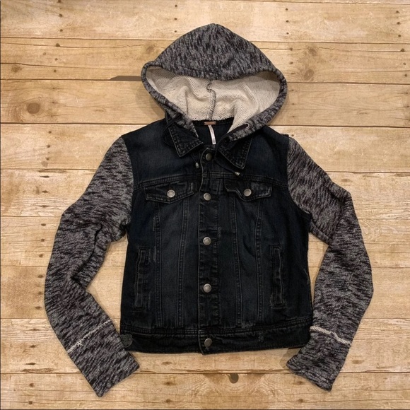 Free People Knit Hooded Distressed Denim Jacket - Picture 4 of 8